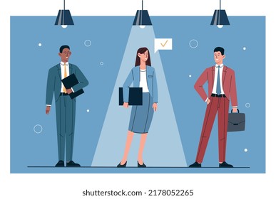 Hired employee concept. Comparison of candidates for vacancies. Woman stands in beam of light next to men. Talented worker. HR department selects newcomer to company. Cartoon flat vector illustration