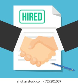 Hired flat icon. Two shaking hands. Job application, recruiting, head hunting, HR shake hand. Vector illustration isolated on a background. Agreement. Premium quality.