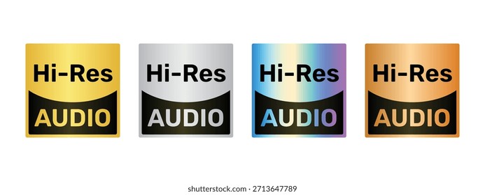 Hi-Res-Audio-Logo, Vektorgrafik-Set mit Gold-, Silber-, Holografie- und Bronze-Metallic-Oberflächen