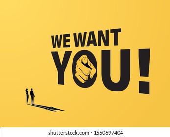 Hiring ad banner or poster vector concept with sign and pointing hand at people. Recruitment, job vacancy promotion. Career opportunity symbol. Eps10 illustration.