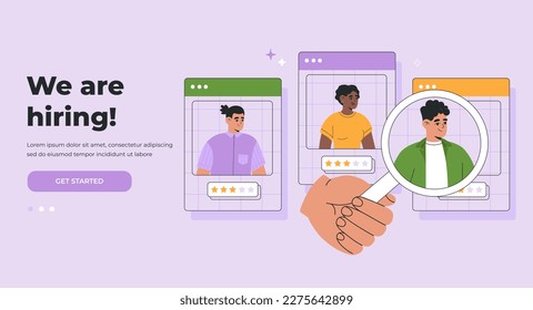 Hiring agency, headhunting concept. Selection of best candidate for Job. Landing page template. Hand drawn color vector illustration isolated on purple background, flat cartoon style.