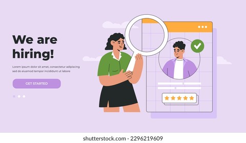 Hiring agency, human resource management. Selection of best candidate for Job. Landing page template. Hand drawn vector illustration isolated on purple background, flat cartoon style.