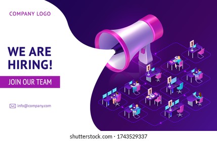 Hiring agency isometric landing page with huge megaphone and people working in office with vacant place. Loudspeaker, hiring human resources, recruiting company online service, 3d vector web banner
