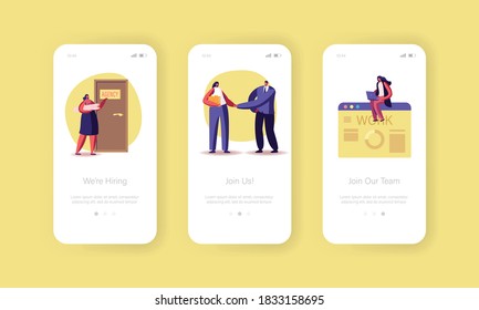 Hiring Agency Mobile App Page Onboard Screen Template. Characters Search Job Online. Work Interview in Office with Applicants, Cv Document. Hr, Head Hunting Concept. Cartoon People Vector Illustration