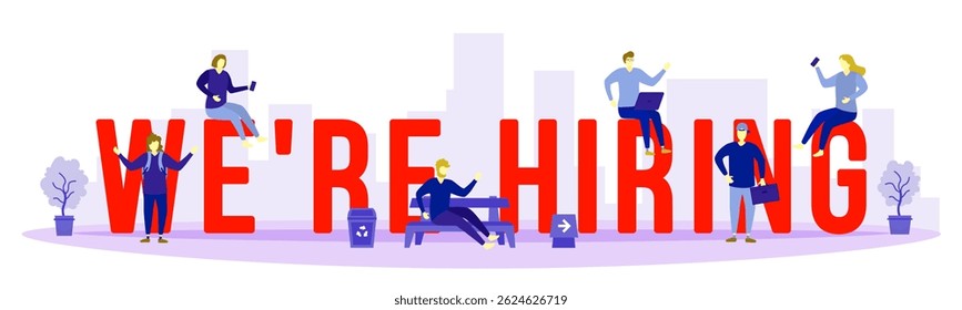 Hiring announcement with banner design and corporate message showing speaker holding sign for job offer promotion and vector illustration of HR concept in social media recruitment communication

