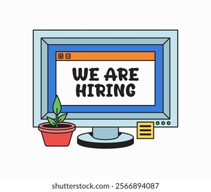 Hiring announcement sign on a screen retro computer desk in cartoon hand drawn style vector design