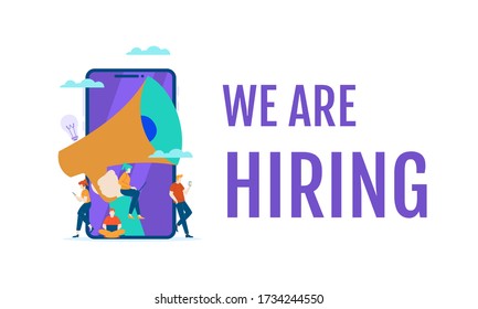 hiring announcement team member word with small people vector illustration concept isolated template white background can be use for presentation web banner UI UX landing page