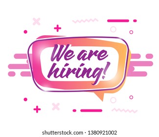 Hiring badge banner template. Finad job join us sticker for company seeking worker. Colorful modern 3d gravity words desing poster. Realistic bright background glow concept. Vector illustration icon.