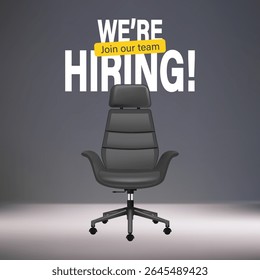 Hiring banner featuring black office chair on gradient gray background with “WE’RE HIRING!” and “Join our team” text. Perfect for job openings, recruitment, career opportunities, or HR promotions