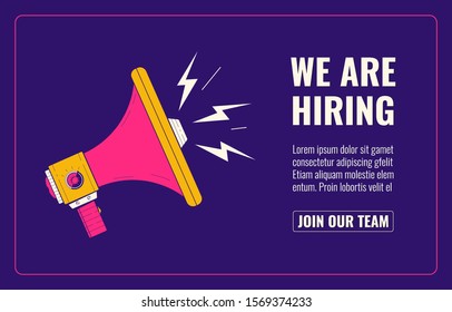 Hiring banner. Loudspeaker illustration. Human resources, recruiting company landing page template. We are hiring, join our team. Recruitment companies advertisement. Vector illustration