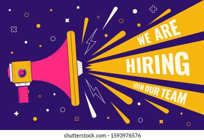Hiring banner. Loudspeaker illustration. Human resources, recruiting company landing page template. We are hiring, join our team. Recruitment companies advertisement. Vector illustration