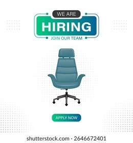 Hiring banner with office chair with armrests centered on white background. perfect for job vacancy promotions, recruitment drives, HR campaigns, or join our team announcements
