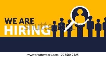 Hiring banner - recruitment concept with team silhouettes and highlighted candidate. Human resources, job search and employment opportunity announcement.
