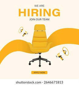 Hiring banner with yellow office chair and “WE ARE HIRING” and “JOIN OUR TEAM” text. perfect for job vacancy promotions, recruitment drives, HR campaigns, or join our team announcements.