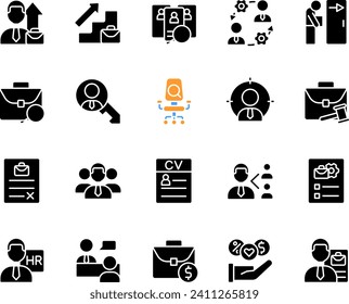 Hiring black glyph icons set on white space. Recruitment process. Company employee. Apply for position. Career development. Silhouette symbols. Solid pictogram pack. Vector isolated illustration