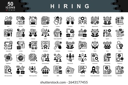 De zwarte pictogramset voor inhuren bevat essentiële aspecten van werving, van talentverwerving tot onboarding, ideaal voor HR-oplossingen, jobplatforms en hulpmiddelen voor loopbaanontwikkeling.