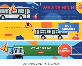 Hiring bus drivers landing page internet promo advertising career opportunity set vector isometric illustration. Employee hunting web advertisement job searching information recruitment offer vacancy