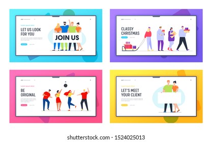 Hiring Career Employment, Buying Gifts and Dancing in Night Club Website Landing Page Set. People Having Fun, Prepare for Holidays, Holding Signboard Web Page Banner. Cartoon Flat Vector Illustration