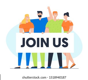 Hiring Career Employment and Searching Human Resources Concept with Group of Young Happy People Men and Women Characters Holding Huge Banner with Join Us Typography. Cartoon Flat Vector Illustration