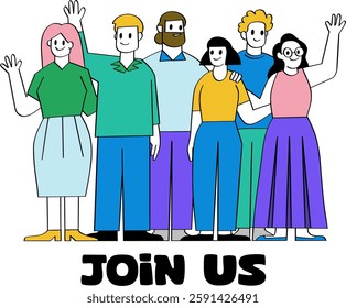 Hiring Career Employment and Searching Human Resources Concept with Group of Young Happy People Men and Women Characters with Join Us Typography. Cartoon Flat Vector Illustration