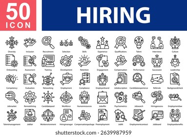 Hiring Collection of Icons with Outline Style Containing: 
Diversity,Inclusion,Recruitment,Selection,Skills,Experience,Qualifications,Talent,Interviews,Culture,Onboarding,Assessment,Training