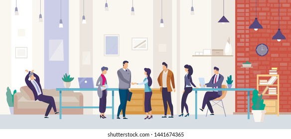 Hiring Company Employee Flat Vector Concept. Human Resources Manager, Welcoming with Handshake Vacancy Applicants, Business Leader Meeting Job Candidates for Interview in Company Office Illustration