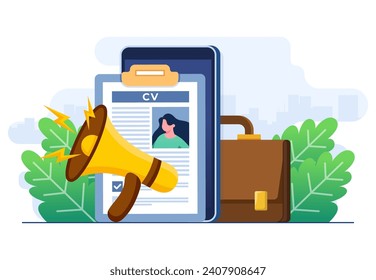 Hiring concept flat illustration vector template, Recruitment, Resume, Job searching, Employment services, recruitment agencies, Human resources, paper document with personal data, CV, Resume