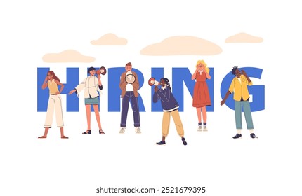 Hiring Concept with Group Of People Announcing Hiring Opportunities. Energetic Characters Holding Megaphones