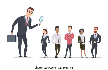 Hiring concept. HR Manager looking for employees. Cartoon business people vector illustration