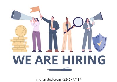 Hiring concept with HR managers. Office workers with magnifying glass, flag, megaphone and spyglass. People look and search professionals vector banner