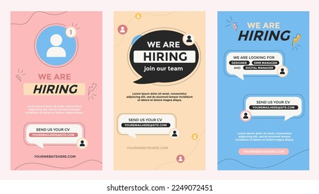 Hiring concept set for social network story or post. Recruitment design templates in trendy flat style. Vector illustration. Join our team banner with speech bubble and doodle.