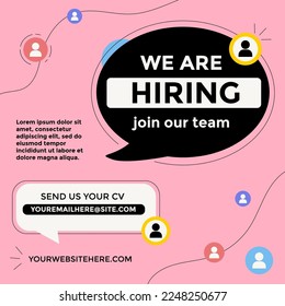 Hiring concept for the social network. Join our team flat style design template with speech bubbles, abstract shapes, and pink background. Recruitment concept. Vector illustration. Open vacancy design