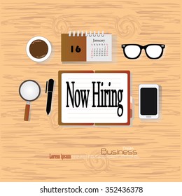 hiring concept.Office desk top view with  hiring word. Flat design style , office equipment, working tools and other business elements on wood background.vector illustration.