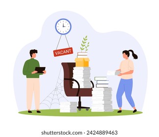 Hiring crisis, urgent labor shortage, lack of candidates for office work. Tiny people employees carry stacks of paper documents to chair with cobwebs and Vacant text cartoon vector illustration