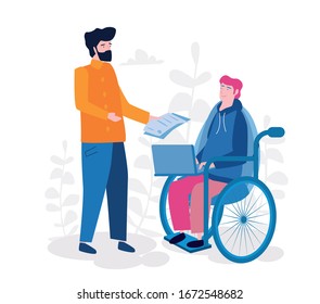 Contratación de personas discapacitadas, trabajo en equipo, personas discapacitadas trabajan en la oficina . Día Mundial de la Discapacidad. Ilustración vectorial para banner web, infografía, móvil. 