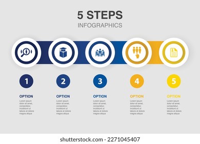 contratación, educación, entrevista, candidato, aplicación, iconos Plantilla de diseño de infografía. Concepto de presentación creativa con 5 pasos