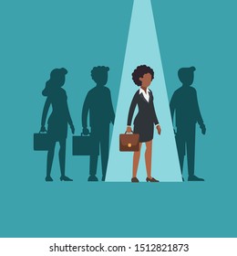 Hiring Employee Concept. African American Female Manager Standing In Light Spot. Talented Woman Professional Candidate In Lightspot. HR Recruiting Competition. Flat  Vector Business Illustration.