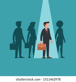 Hiring employee concept. Male manager standing in light spot in group of people. Talented man professional candidate in lightspot. HR recruiting competition. Flat  vector business illustration.