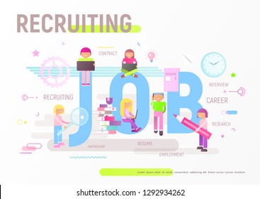 Hiring Employee Concept. Modern Flat Design of Business Recruiting with Small Characters Young People near Big Letters Job. Vector Illustration for Web Banner,  HR App, Landing Page.