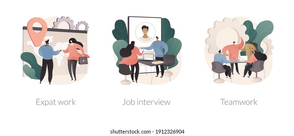 Hiring employees abstract concept vector illustration set. Expat work, job interview, teamwork power, migrant workers, choosing a candidate, prepare for interview, recruiter abstract metaphor.