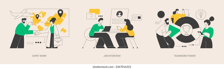 Hiring employees abstract concept vector illustration set. Expat work, job interview, teamwork power, migrant workers, choosing a candidate, prepare for interview, recruiter abstract metaphor.