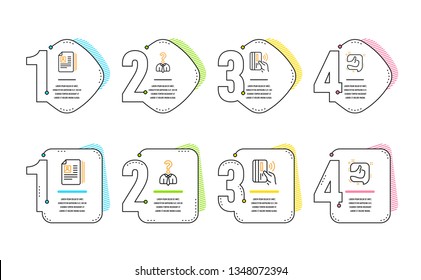 Hiring employees, Cv documents and Contactless payment icons simple set. Like sign. Human resources, Portfolio files, Bank money. Thumb up. People set. Infographic timeline. Line hiring employees icon