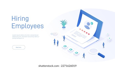 Hiring Employees landing page template. Approved resume on laptop screen. Can be used for web banners, infographics. Isometric modern vector illustration.