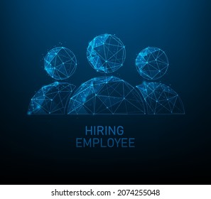 Hiring employees low poly wireframe. business job search icon concept. vector illustration consisting of points, lines, and triangle. isolated on blue dark background.
