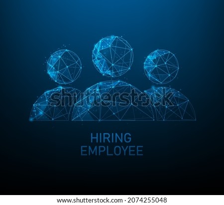 Hiring employees low poly wireframe. business job search icon concept. vector illustration consisting of points, lines, and triangle. isolated on blue dark background.