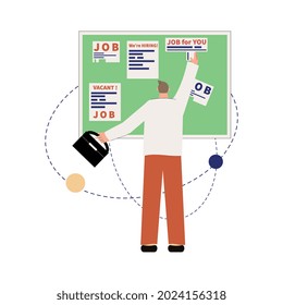 Hiring employment flat composition with human character pinning sticky notes on board vector illustration