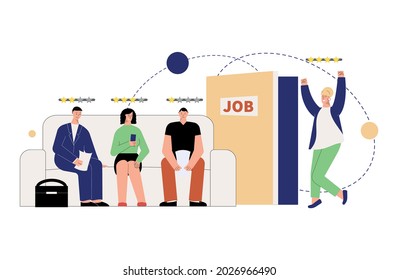 Hiring employment flat composition with queue of candidates waiting for job interview with rating stars vector illustration