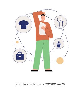 Hiring employment flat composition with troubled man choosing dream job with category icons vector illustration