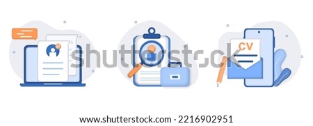Hiring employment illustration set. Online job interview, HR managers searching potential job candidates and analyzing CV, applying for work position, job recruitment process. 3d vector illustration. 