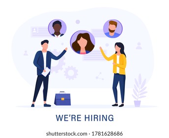 Hiring employment or job vacancy concept with a businessman and woman above text with online candidates, colored vector illustration